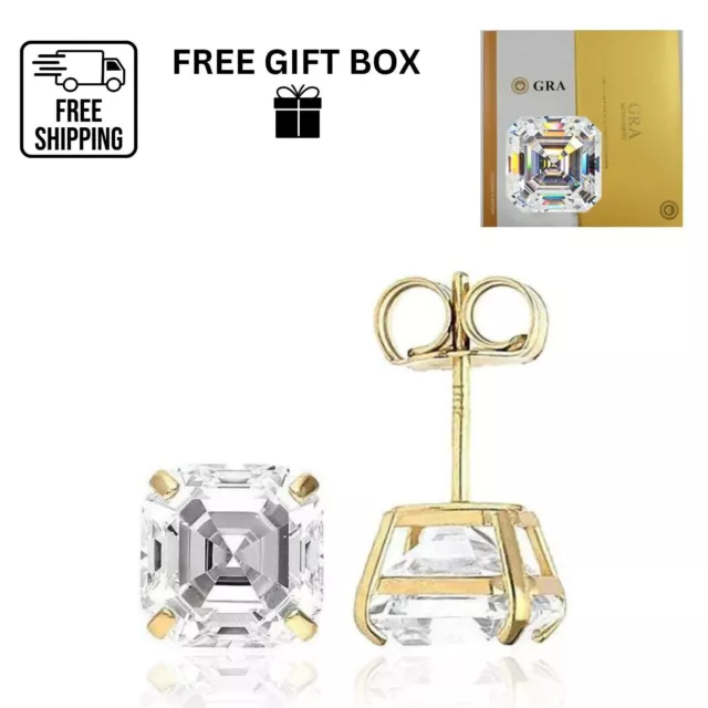 14K Solid Gold GRA Certified D-VVS1 Asscher Moissanite Push Back Studs Earrings