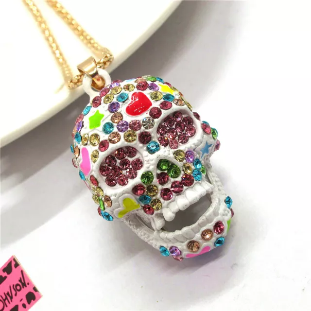 Fashion Women White Enamel Cute Love Skull Crystal Pendant Sweater Necklace