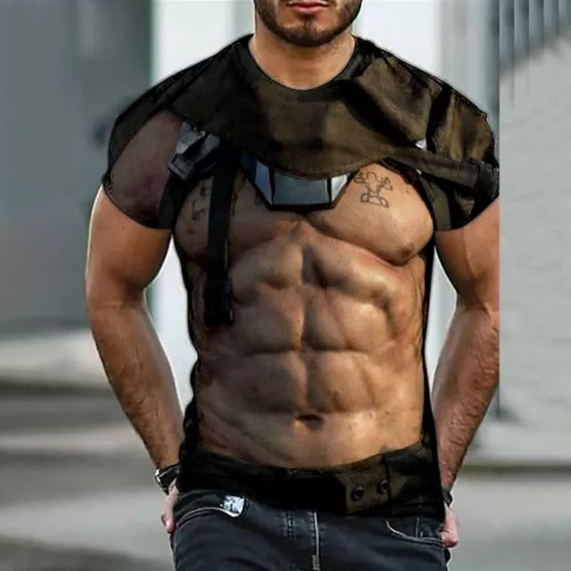 Männer Sport T Shirt mit 3D Druck Muscle Tattoo Print Kurzarm Gym Tops