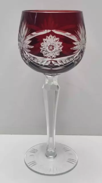 Bohemian Ruby Red Cut Clear CRYSTAL Wine Glass Goblet 7.5"