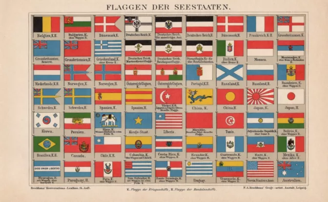 FLAGGEN Seestaaten Seefahrt Schiffahrt  LITHOGRAPHIE von 1894 Flag Europa Asien