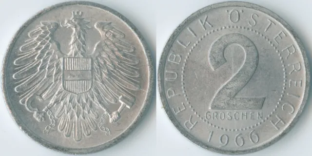 Austria 1966 2 Groschen KM# 2876 Al-Mg Second Republic Coat of Arms Eagle Value