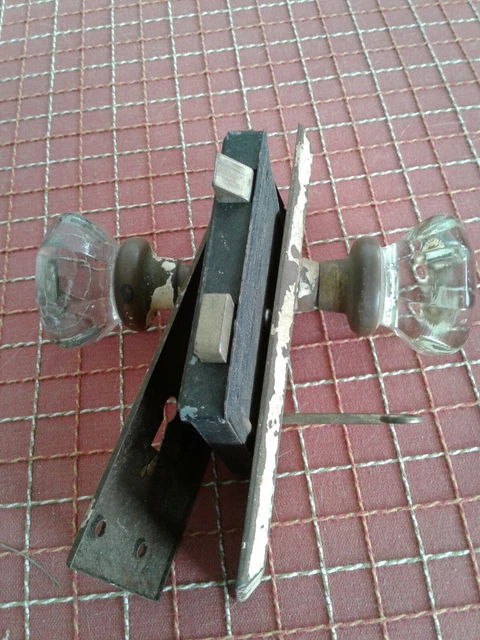 Antique Glass & Brass Door Knob & Plates Set Crystal Knobs