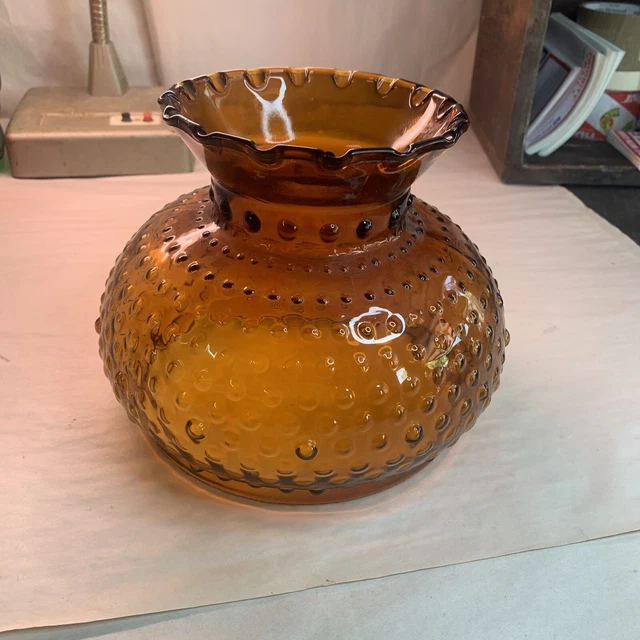 Vintage Hobnail Amber/Gold glass lamp shade with piecrust top. 6 3/4" base