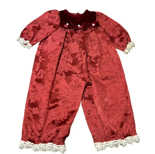 Vtg GOOD LAD Baby 6-9 M 1-Piece Romper Lace Velvet Faux Pearls Dk Red Victorian