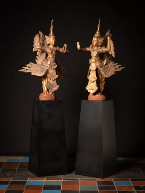 Antique pair of wooden Burmese Kinnari statues from Burma, 19th century