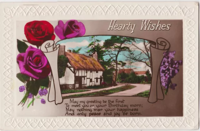 POSTCARD RP 1930s Embossed Hearty Wishes Birthday Tudor 15th March 1931 PM