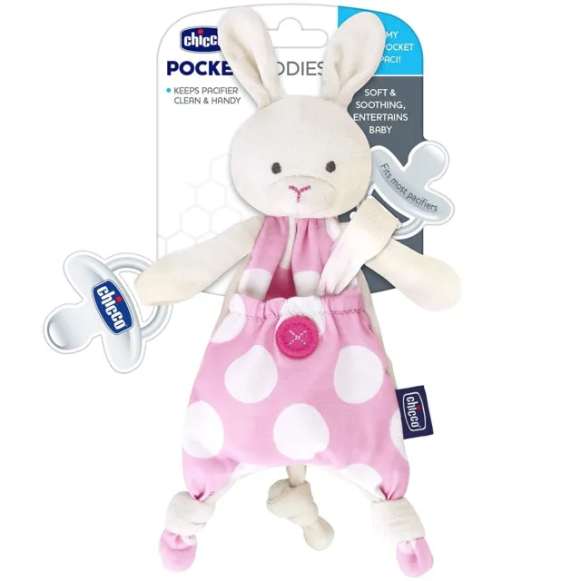 Chicco Pocket Buddies Soft Pacifier Holder-Lovey, Soothing Plush Toy Animal Pink