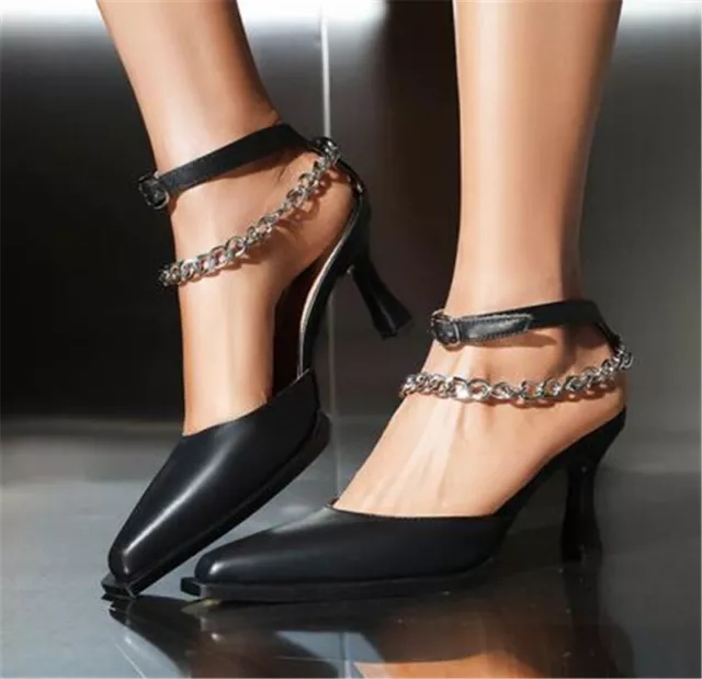 Womens Sandals Pumps Chain Strap Pump Kitten Heels Pointy Toe Wedding Shoes Size