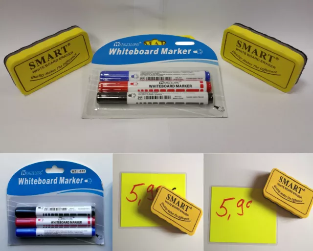 2x Whiteboard magnetisch Schwamm + 3x Stift  für Weißwandtafel Eraser Löscher