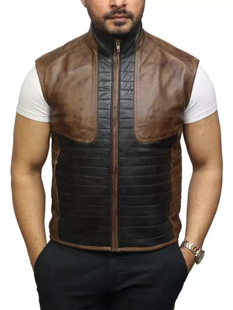 Men's Black &Brown Real Leather Padded Puffer Body Warmer Vest Gilet Waistcoat