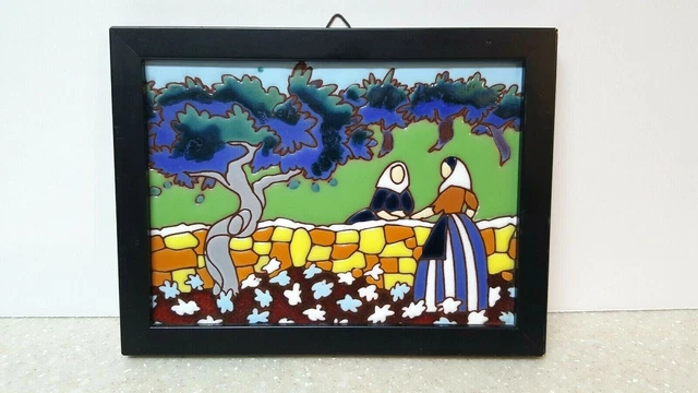Vintage Art Tile in Greek Style of Angelo Tsakirakis Women Meet at Stone Wall