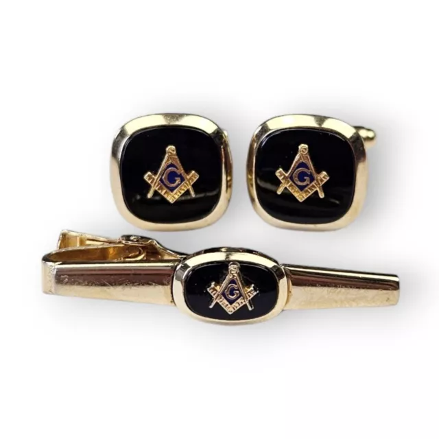 Freemason Cufflinks Tie Bar Clip Set Vintage Anson Gold Plated Black Masonic 2
