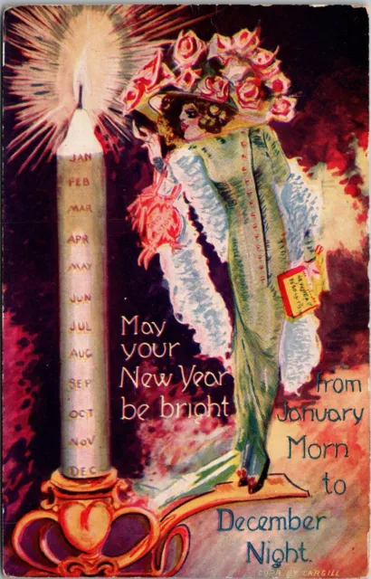 Happy New Year Strange Women Bright Candle Poem c1910 Antique Postcard J35