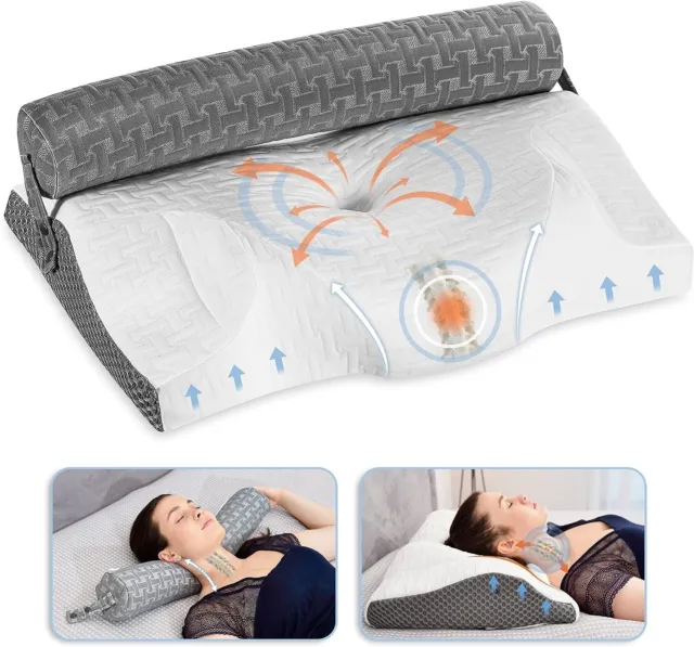 Memory Foam Pillow- 3 in 1 Ergonomic Adjustable,Contour Orthopedic Roll Traction