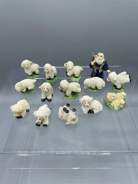 14 Piece Set Resin Shepherd Chickens 12 Sheep