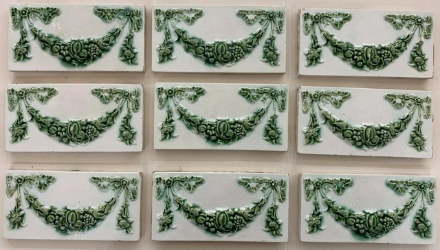 Vintage art nouveau majolica border antique tiles 1900s England Floral 9 pcs