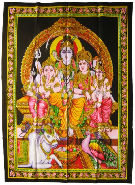 SHIVA PARVATI GANESH SKANDA Stoffbild Wandbehang Göttliche Familie Pailetten Goa