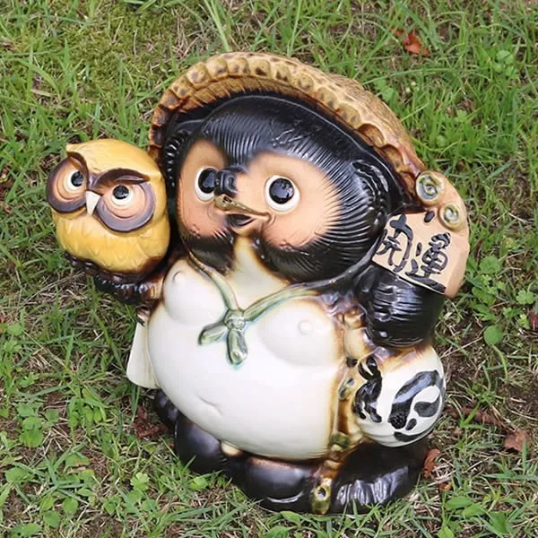 Töpferei Tanuki Waschbär Glücksbringer Shigaraki Yaki Deko Gelb Eule Japan 2