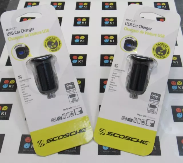 2  x Scosche REVOLT 12W USB Car Charger with GLOW Port LOW Profile ORIGINAL