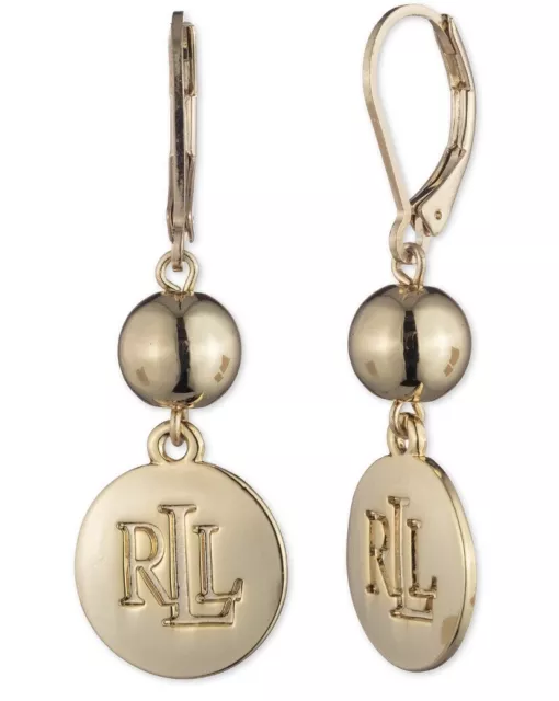 $35 Lauren Ralph Lauren gold  tone logo double drop 1-4/5 ' earrings  59a