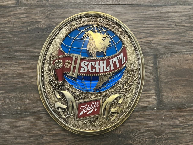 Schlitz Beer Sign Gold Gilded Blue Globe 1977 Jos Schlitz Brewing Co 18x15.5"