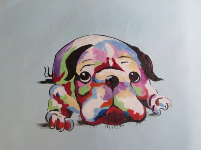 abstract cute funky colourful puppy dog oil painting canvas art original bulldog