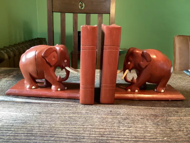 LARGE VINTAGE ELEPHANT BOOK ENDS-handcarved hardwood