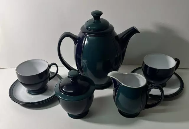 Vintage Denby Regatta Teapot/Coffee Pot, 2 Cups & Saucers, Creamer & Sugar Bowl