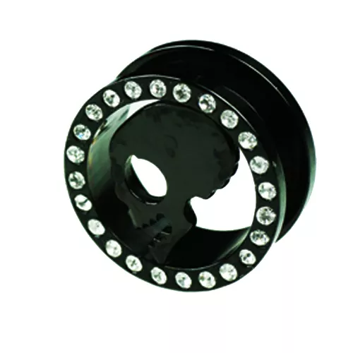 NERO teschio acciaio Flesh Tunnel con cristalli orecchio piercing glitter 6-28 mm