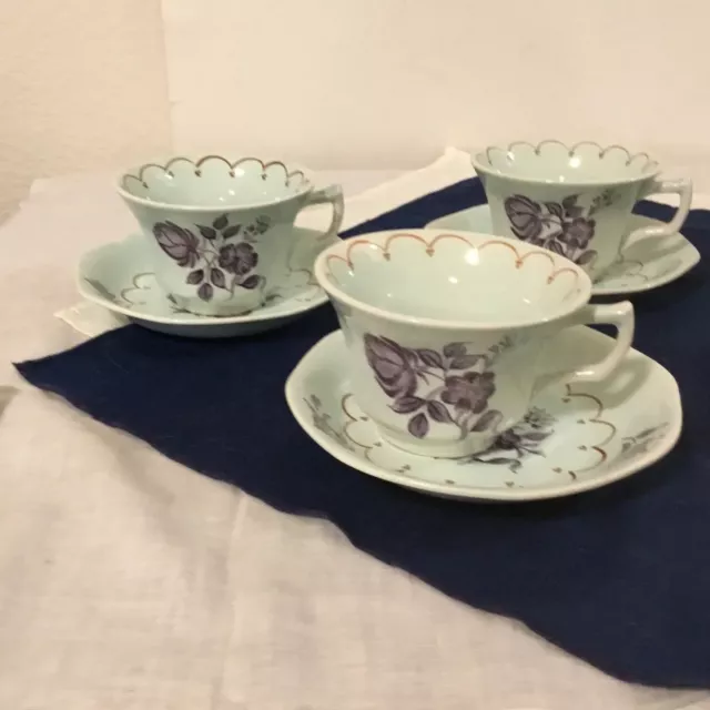 Vtg Adams Calyx Ware Regent Purple 5 Cups & 4 Saucers - - Red Backstamp 2