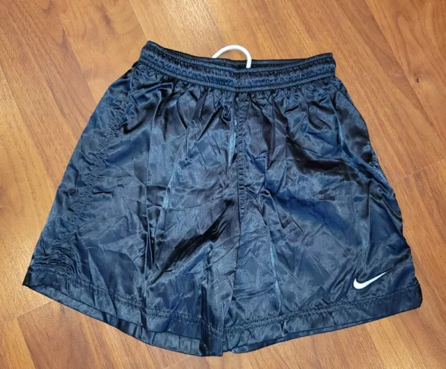 Nike 90s white label size 8 kids silky black Embroidered logo shorts. Deadstock