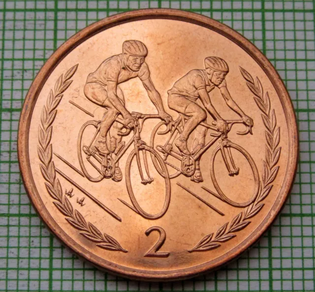 Isle Of Man 1996 Aa 2 Pence, Bicyclists Unc Lustre