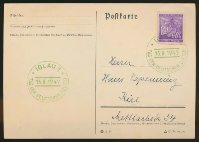 Böhmen und Mähren Stempelbeleg mit grünem SST IGLAU 15.2.42 #116001