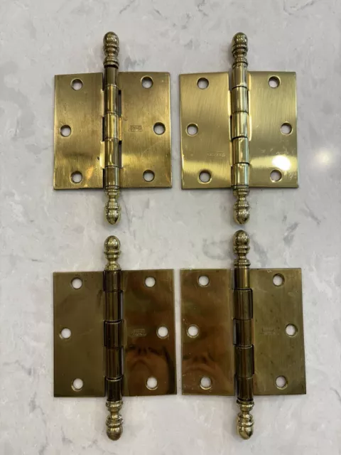 Lot of Four 3.5 inch Solid Brass Door Hinges with Decorative Finials w/ screws