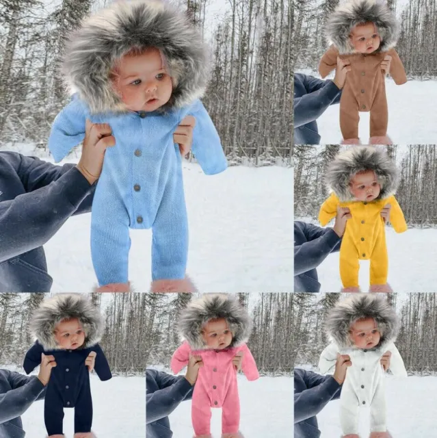 Newborn Infant Baby Boys Girls Solid Fur Hooded Jumpsuit Playsuit Romper Clothes