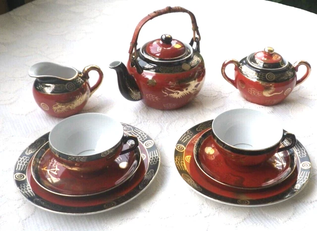 Teeservice Goldener Drache Geisha Lithophanie Japan 2 Personen kleine  Teekanne