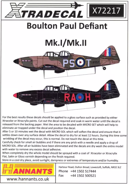 Xtra Decals 1/72 BOULTON PAUL DEFIANT Mk.I & Mk.II British Fighter