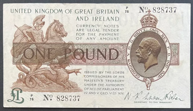 N.F.Warren Fisher GB & Ireland One Pound Treasury Issue Banknote P/75 No 828737