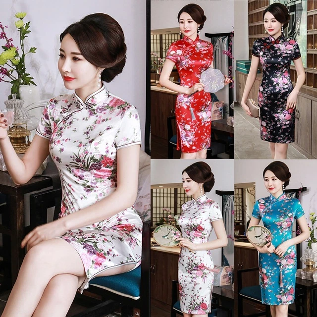 Abito donna Cheongsam collo in piedi motivo floreale tradizionale vestibilità stretta