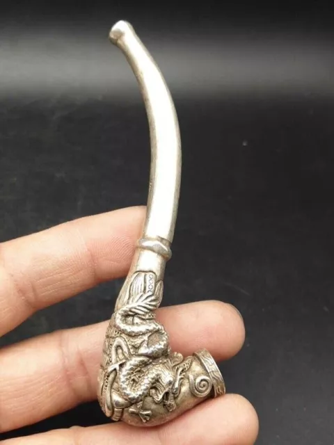 Chinese tibet silver handcarved dragon phoenix pipe Smoking tools