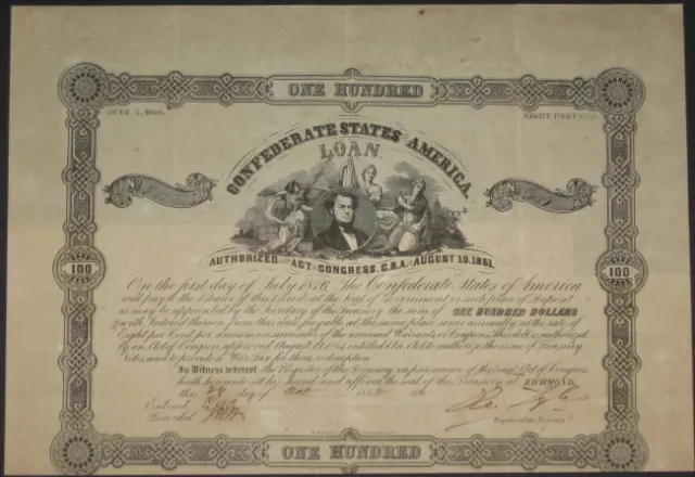 $100 Confederate Bond, Act of Aug 19, 1861, Man with 3 Maids, 23 coupons