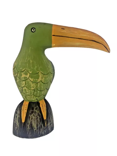 Wood Carved Folk Art Mexican Toucan Bird Hand Painted Distressed Chalk Paint 10"