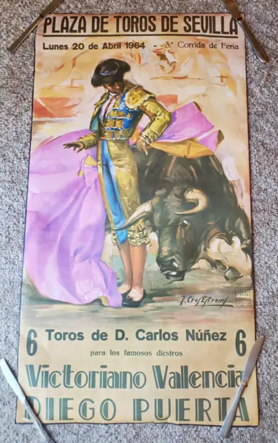 1964 Plaza De Toros De Sevilla bullfighting poster 37" x 21" vintage vibrant