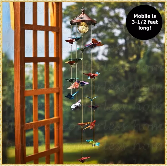 SOLAR Glass Ball BUTTERFLY Mobile WIND CHIME Outdoor Porch Patio Garden Decor