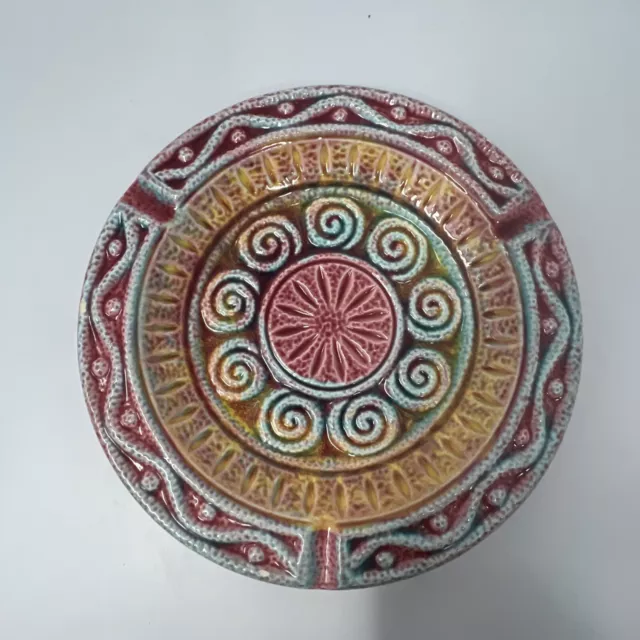 Vintage 1970s Ceramic Art Pottery Multicolored Abstract  10” Majolica Ashtray