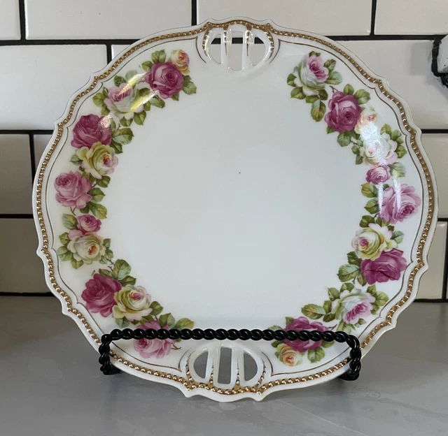 Antique 1860-1880 P.k. Silesia Porcelain Plate Multi-Colored Roses, Gold Trim