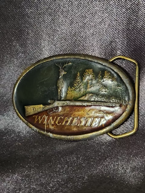 Vintage Indiana Metal Craft Green Winchester Belt Buckle Buck Deer Theme XR77