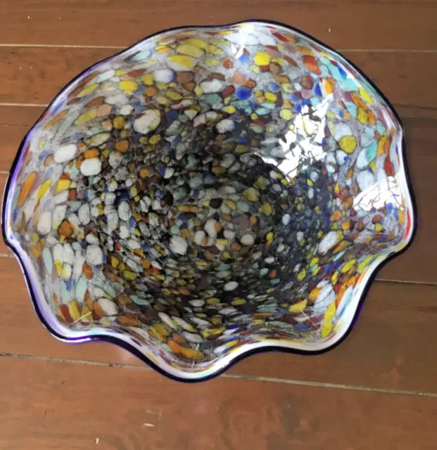 Studio Art Glass Large Bowl Multi-Coloured, Scalloped Blue Rim