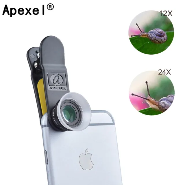 Apexel Universal 12x/24x Macro Phone Camera Lens Kit Clip On for iPhone Android